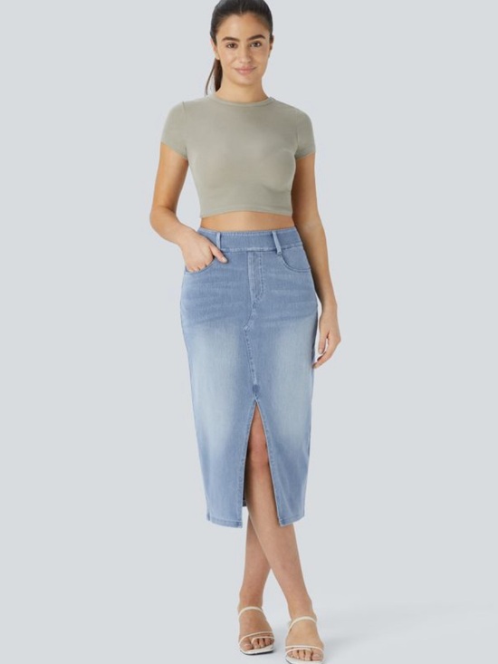 HALARA Dresses & Skirts - Halara Flex High Waisted Pockets Bodycon Washed Denim Casual Midi Skirt NWOT